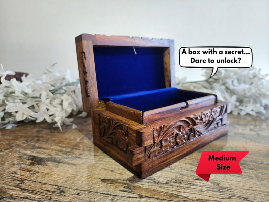 Handcrafted Wooden Mystery Box – Medium Size with Internal Lock & Free Gift